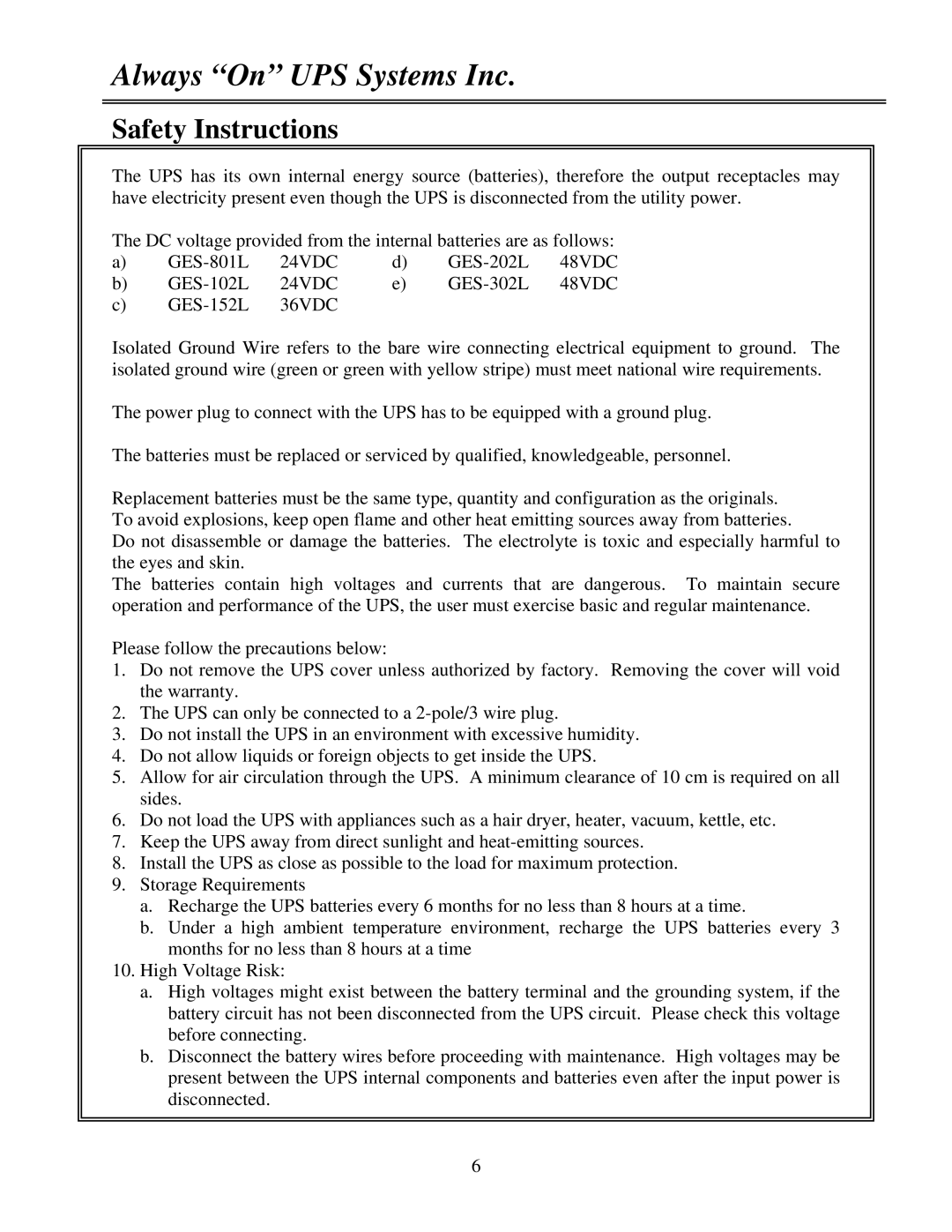 MGE UPS Systems GES-152L, GES-202L, GES-302L, GES-801L, GES-102L user manual Safety Instructions, 36VDC 