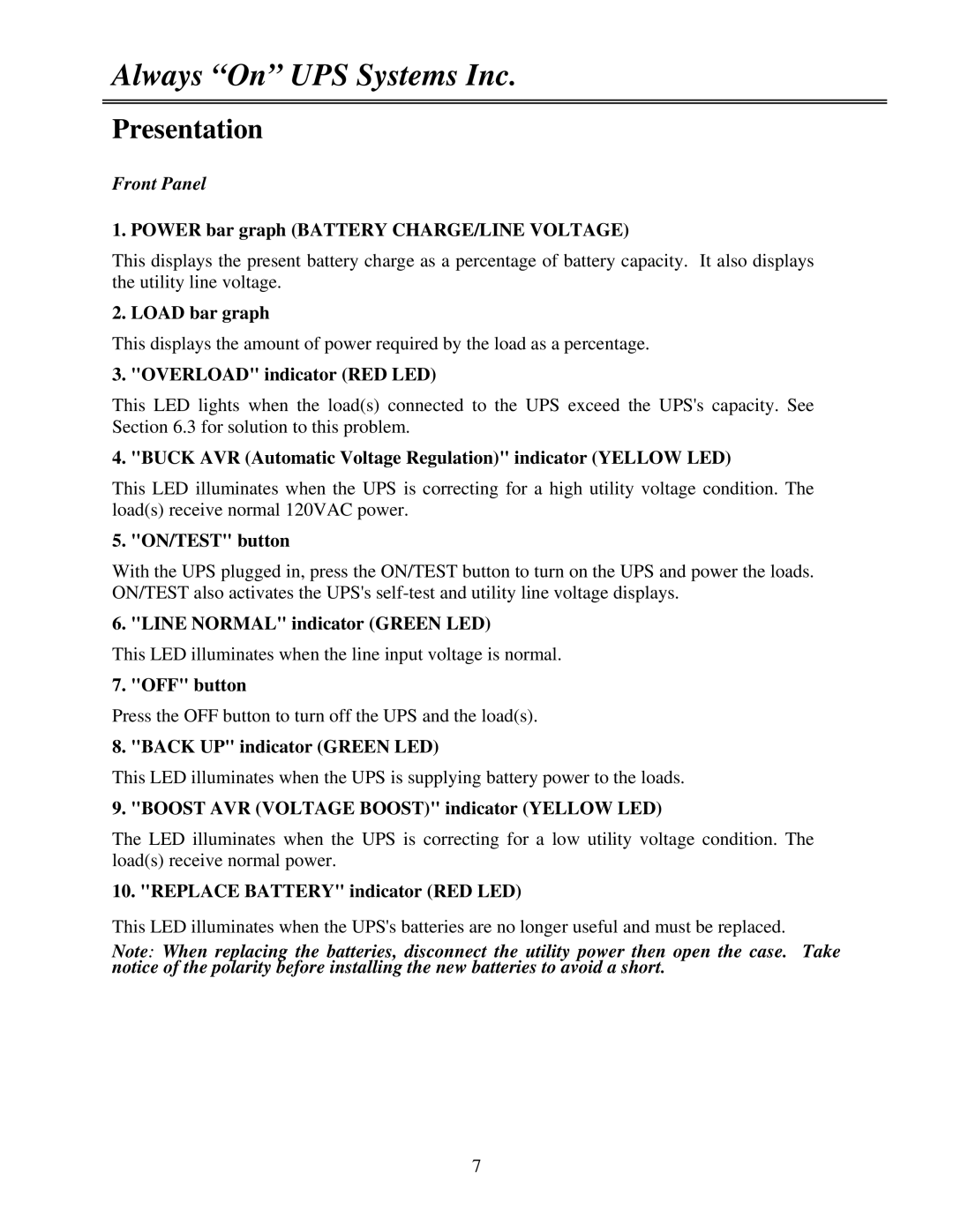 MGE UPS Systems GES-302L, GES-202L, GES-152L, GES-801L, GES-102L user manual Presentation, Front Panel 