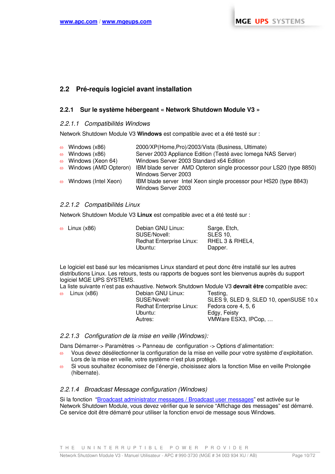 MGE UPS Systems MGE manual Pré-requis logiciel avant installation, Sur le système hébergeant « Network Shutdown Module V3 » 