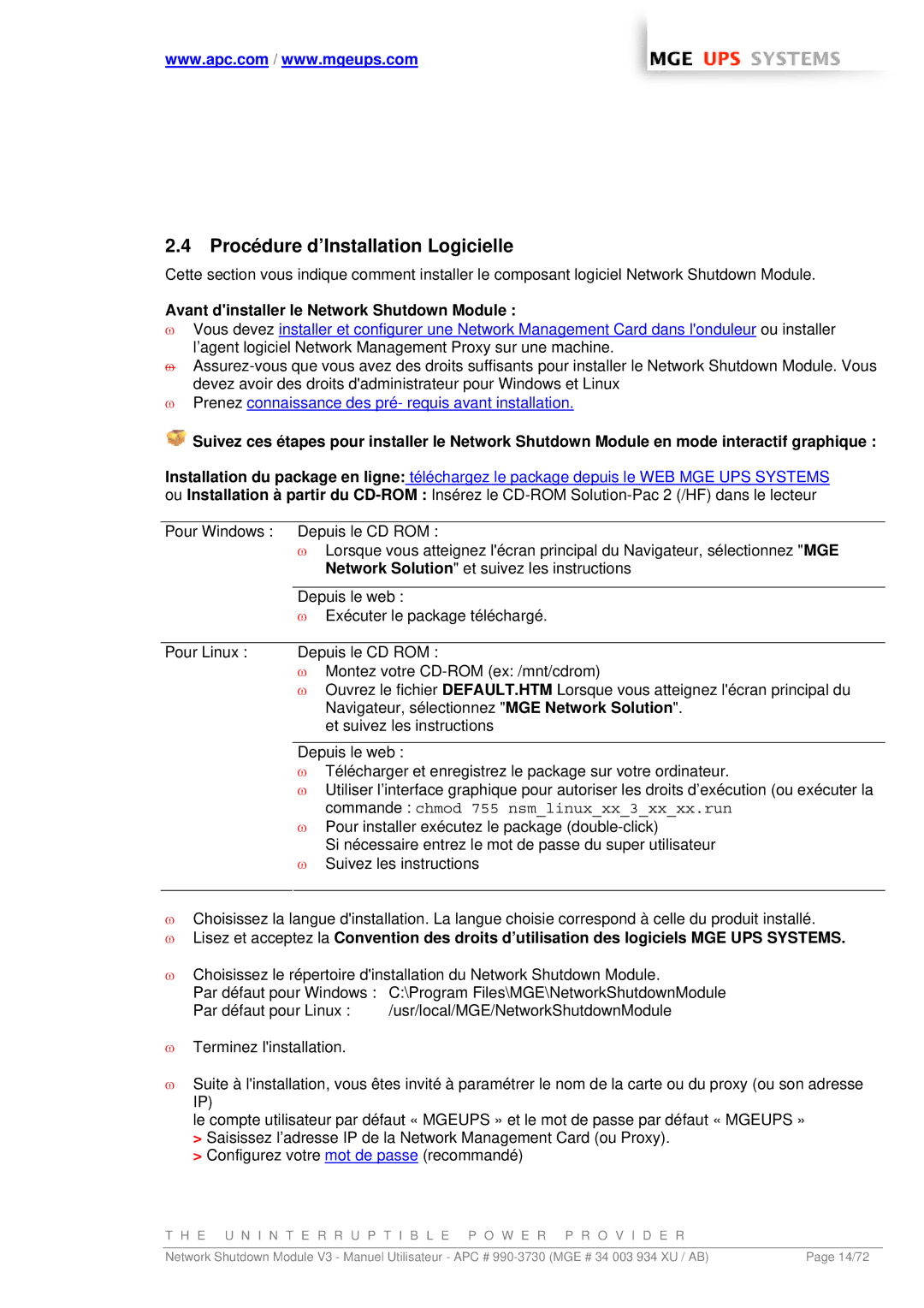 MGE UPS Systems MGE manual Procédure d’Installation Logicielle, Avant dinstaller le Network Shutdown Module 