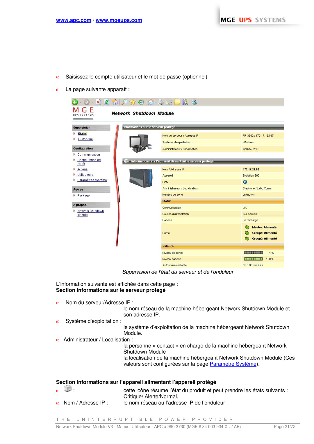 MGE UPS Systems MGE manual Supervision de létat du serveur et de londuleur, Section Informations sur le serveur protégé 