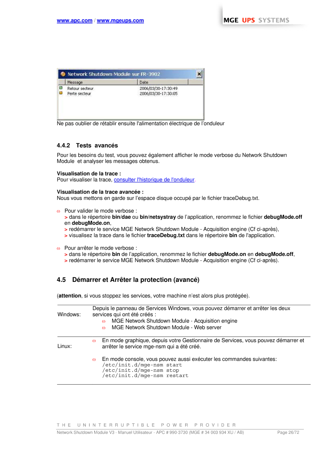 MGE UPS Systems MGE manual Démarrer et Arrêter la protection avancé, Tests avancés, Visualisation de la trace 