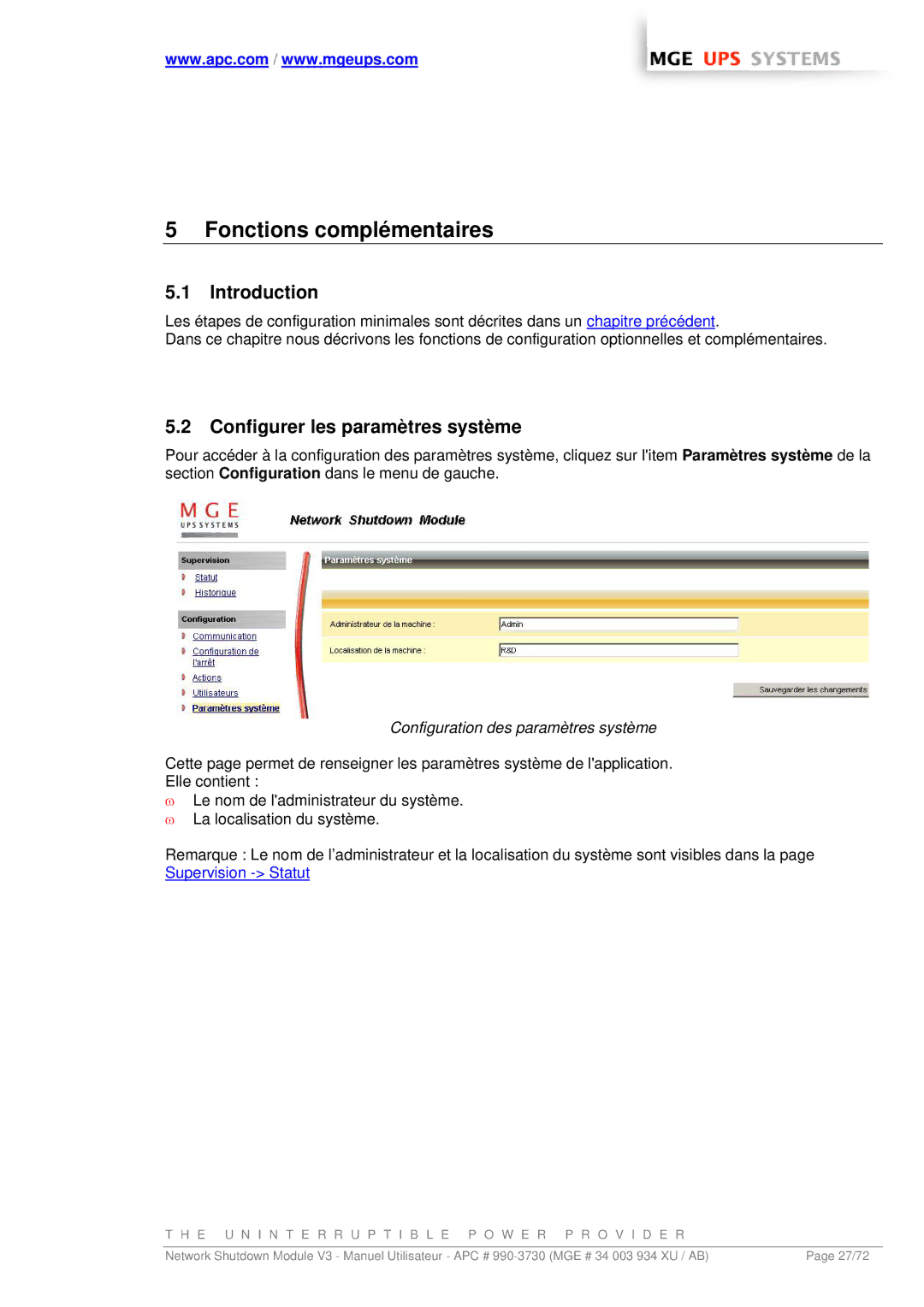 MGE UPS Systems MGE Fonctions complémentaires, Configurer les paramètres système, Configuration des paramètres système 