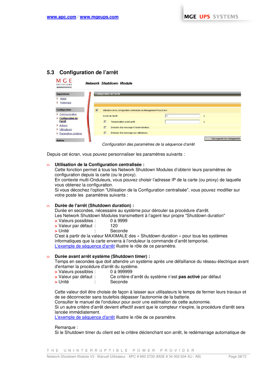 MGE UPS Systems MGE manual Configuration de l’arrêt, Utilisation de la Configuration centralisée 