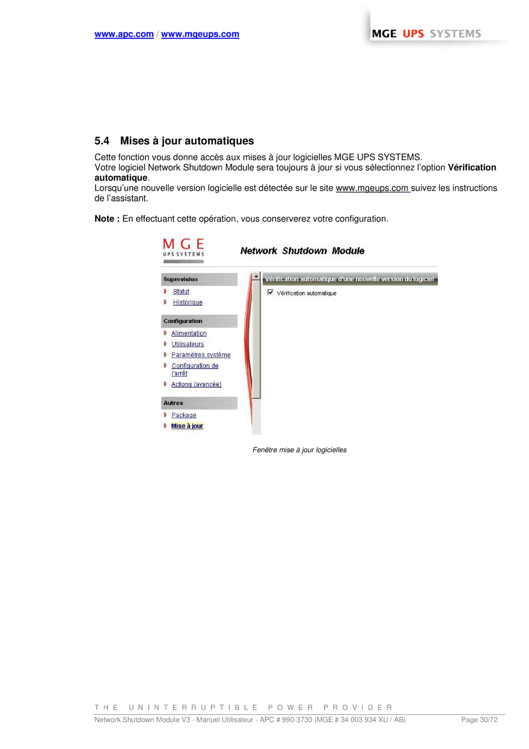MGE UPS Systems MGE manual Mises à jour automatiques, Fenêtre mise à jour logicielles 