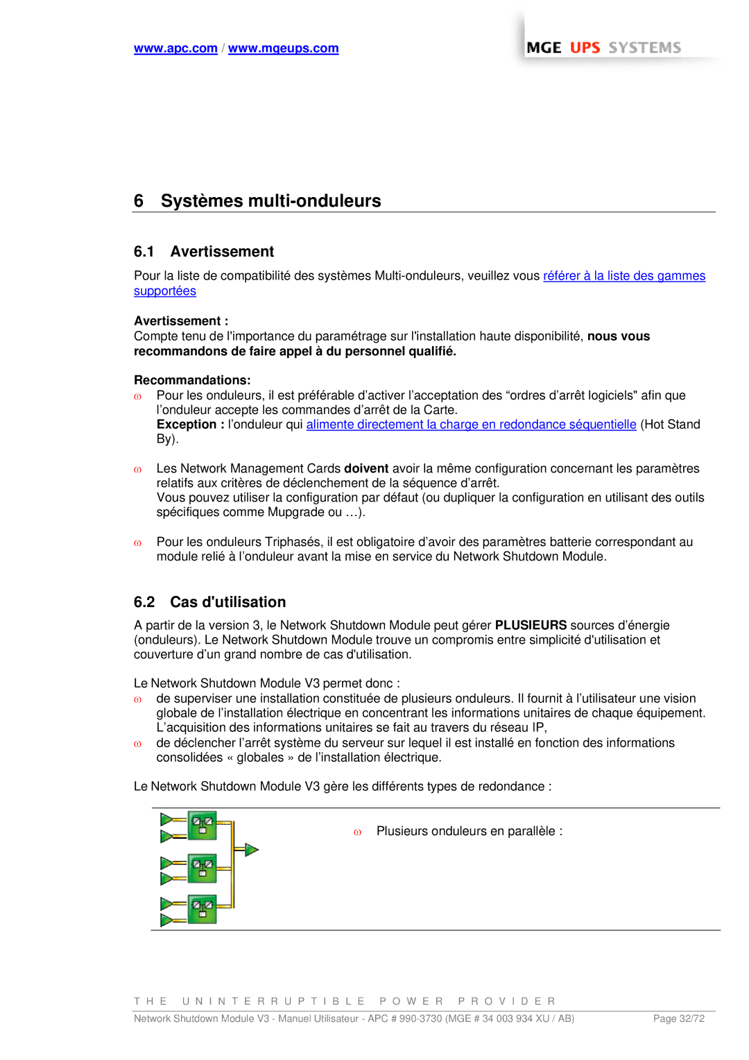 MGE UPS Systems MGE manual Systèmes multi-onduleurs, Avertissement, Cas dutilisation, Recommandations 