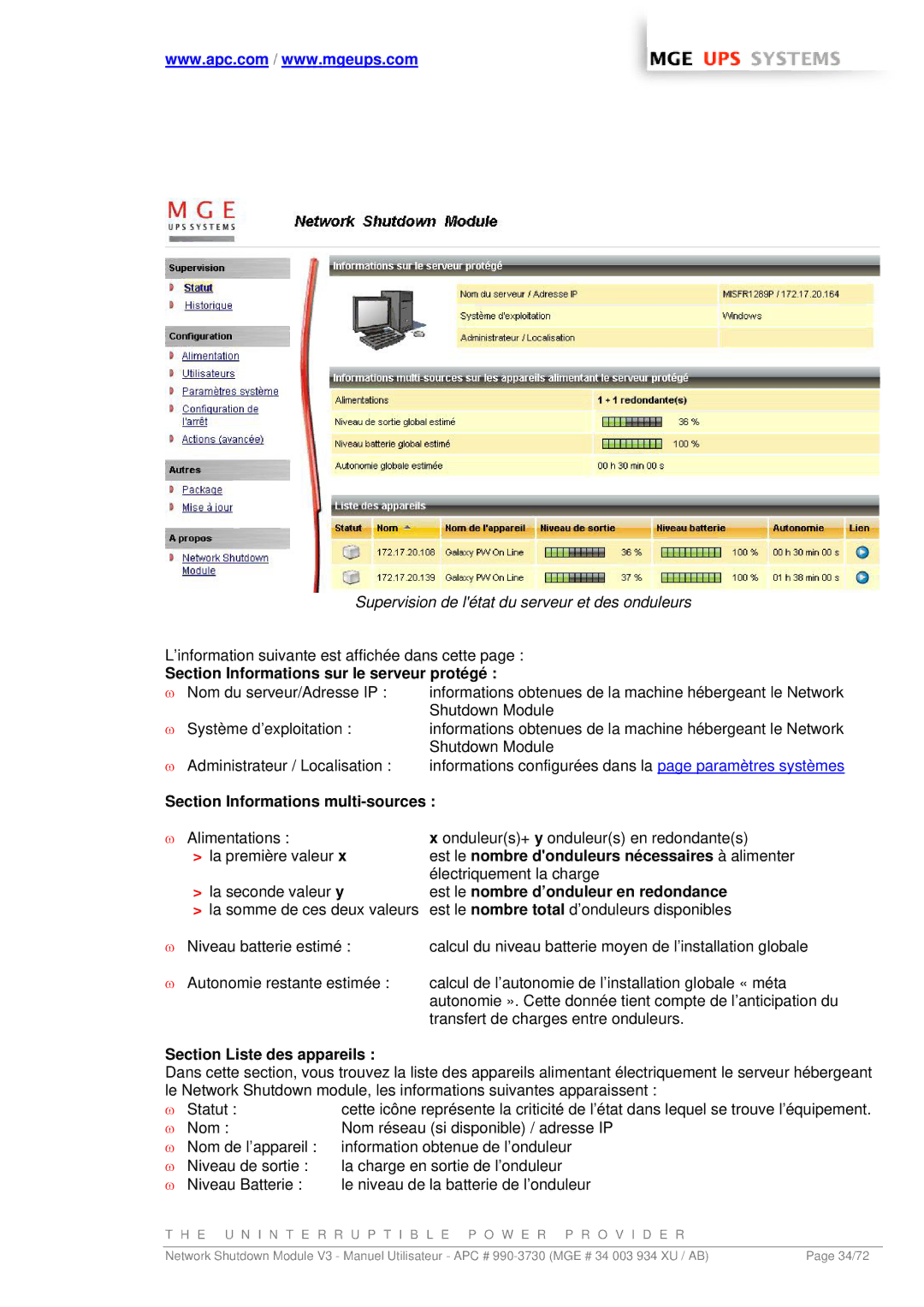 MGE UPS Systems MGE manual Supervision de létat du serveur et des onduleurs, Section Informations multi-sources 