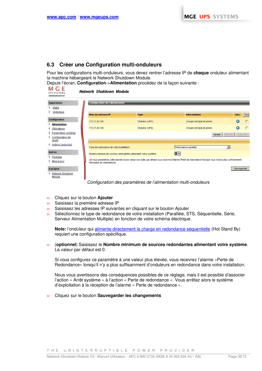 MGE UPS Systems MGE manual Créer une Configuration multi-onduleurs, Cliquez sur le bouton Sauvegarder les changements 