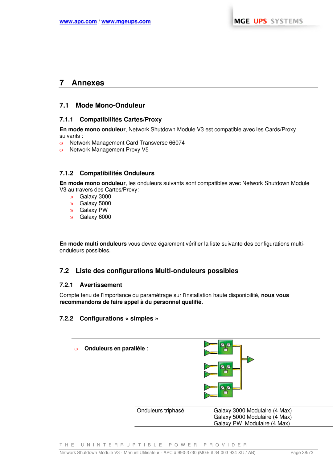 MGE UPS Systems MGE manual Annexes, Mode Mono-Onduleur, Liste des configurations Multi-onduleurs possibles 