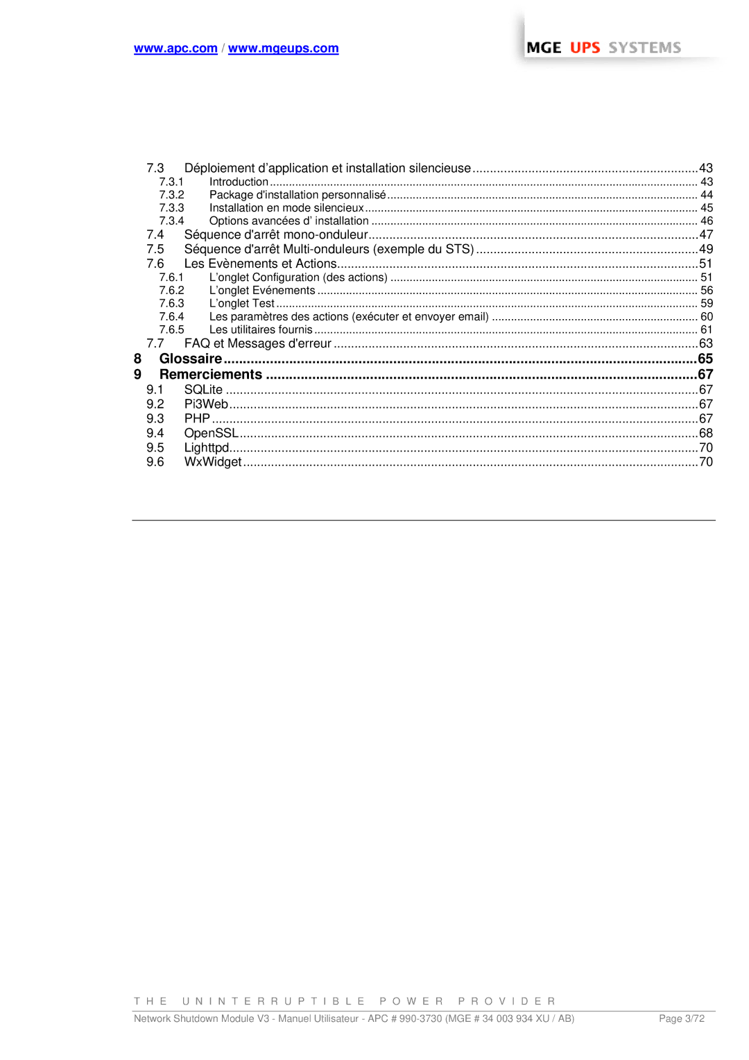 MGE UPS Systems MGE manual Glossaire Remerciements, Php 