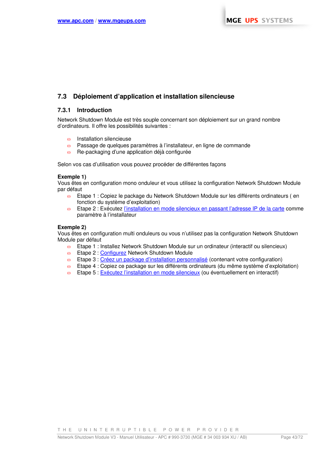 MGE UPS Systems MGE manual Déploiement d’application et installation silencieuse, Introduction, Exemple 