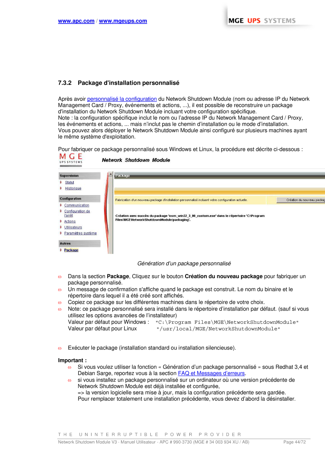 MGE UPS Systems MGE manual Package dinstallation personnalisé, Génération d’un package personnalisé 