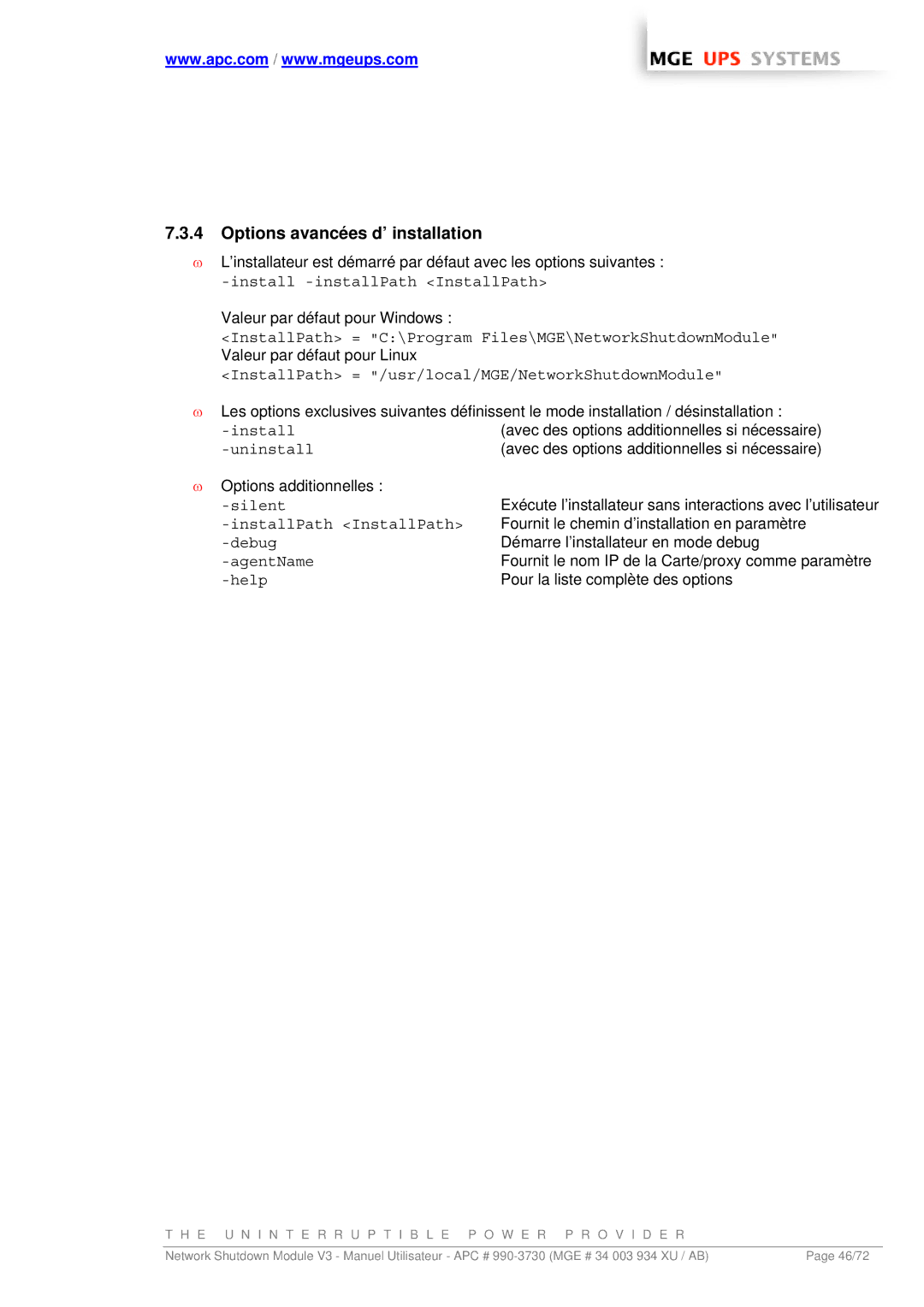 MGE UPS Systems MGE manual Options avancées d’ installation, Uninstall 