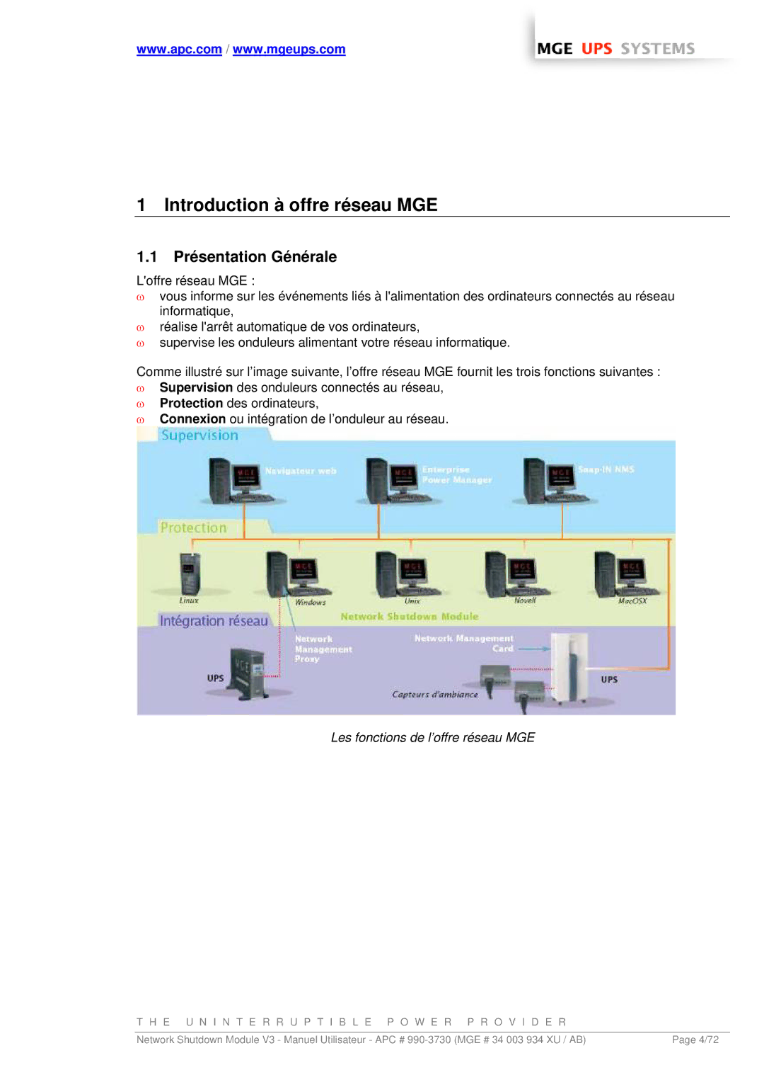 MGE UPS Systems manual Introduction à offre réseau MGE, Présentation Générale, Les fonctions de l’offre réseau MGE 