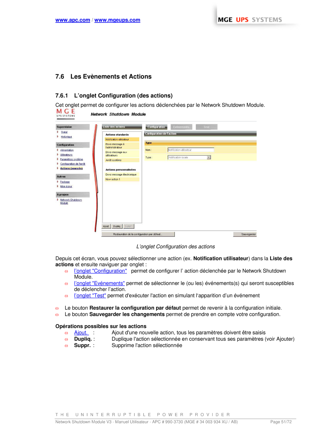 MGE UPS Systems MGE Les Evènements et Actions, 1 L’onglet Configuration des actions, Opérations possibles sur les actions 