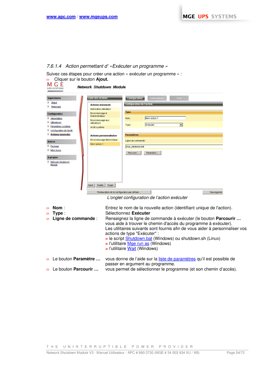 MGE UPS Systems MGE manual ’onglet configuration de l’action exécuter, Sélectionnez Exécuter 