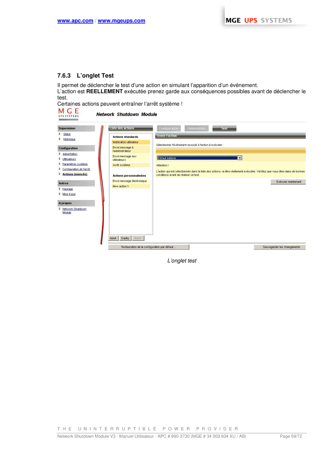 MGE UPS Systems MGE manual 3 L’onglet Test, ’onglet test 