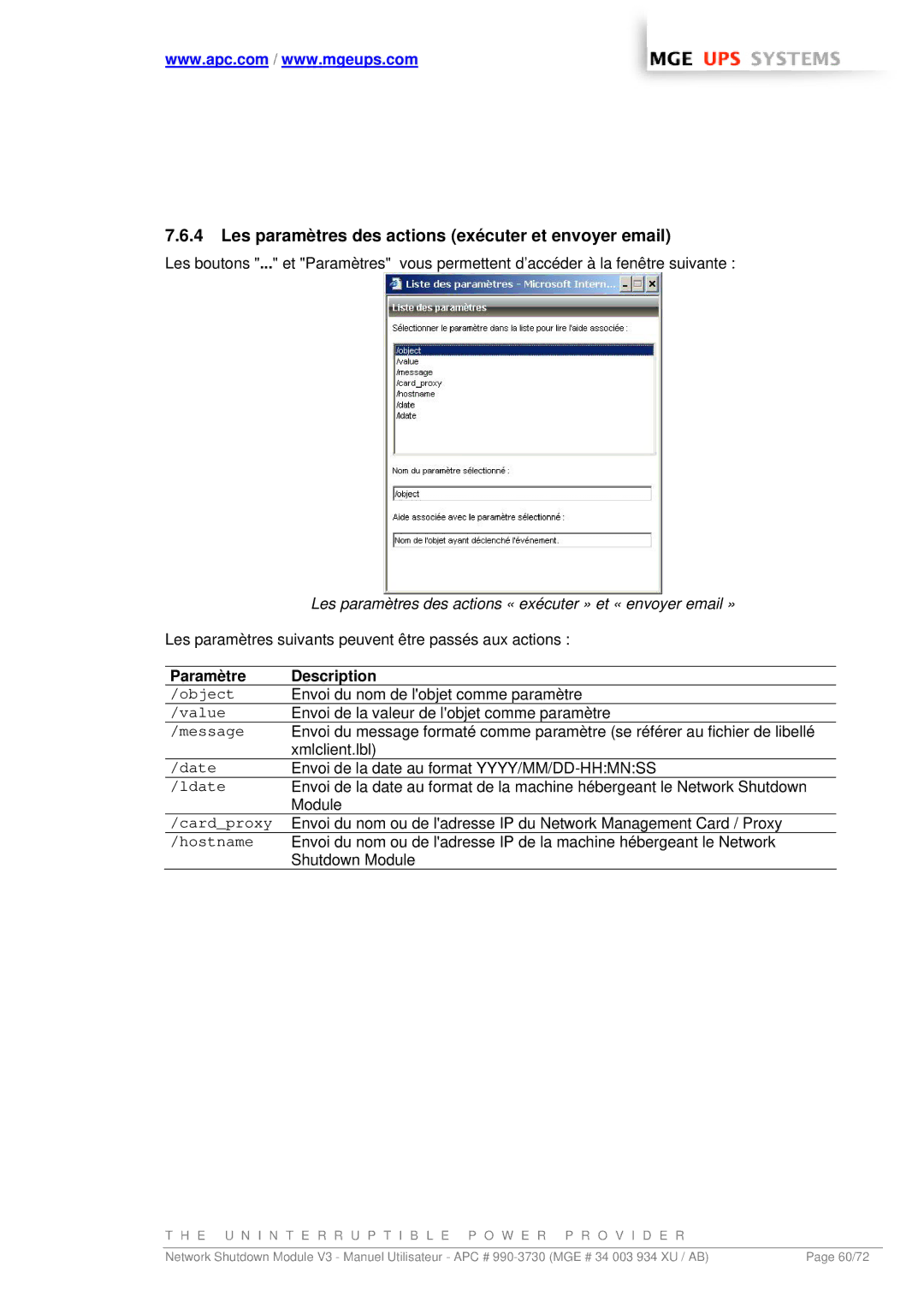 MGE UPS Systems MGE manual Les paramètres des actions exécuter et envoyer email 