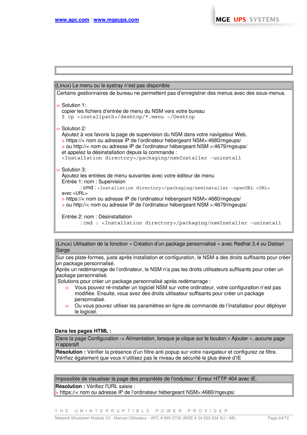 MGE UPS Systems MGE manual Installation directory/packaging/nsmInstaller -uninstall, Dans les pages Html 