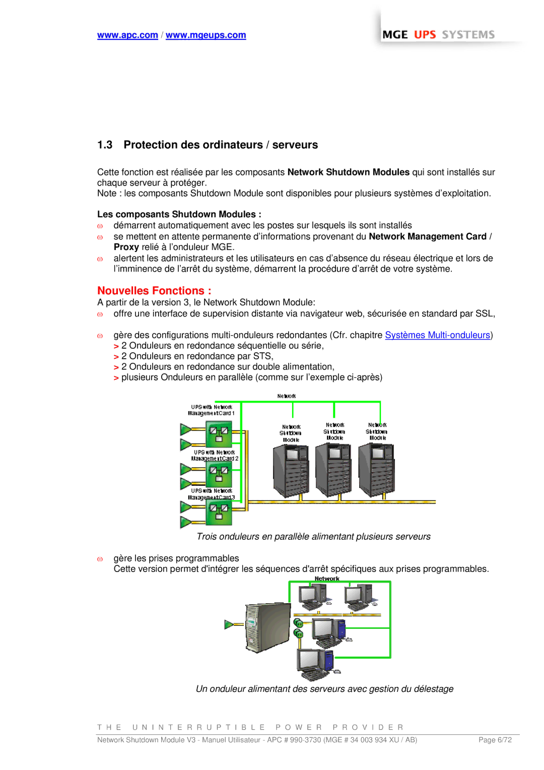 MGE UPS Systems MGE manual Protection des ordinateurs / serveurs, Les composants Shutdown Modules 