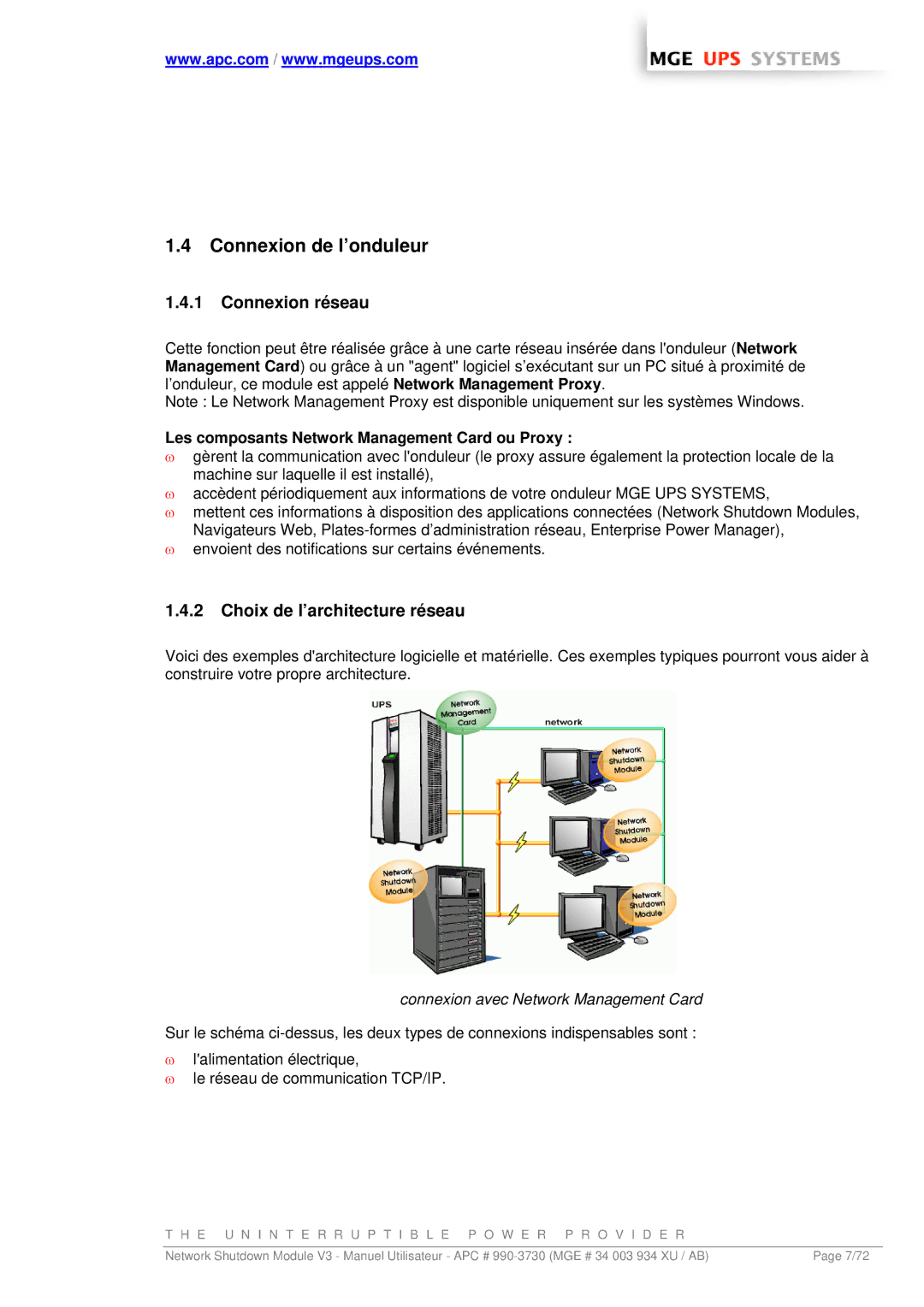 MGE UPS Systems MGE manual Connexion de l’onduleur, Connexion réseau, Choix de l’architecture réseau 