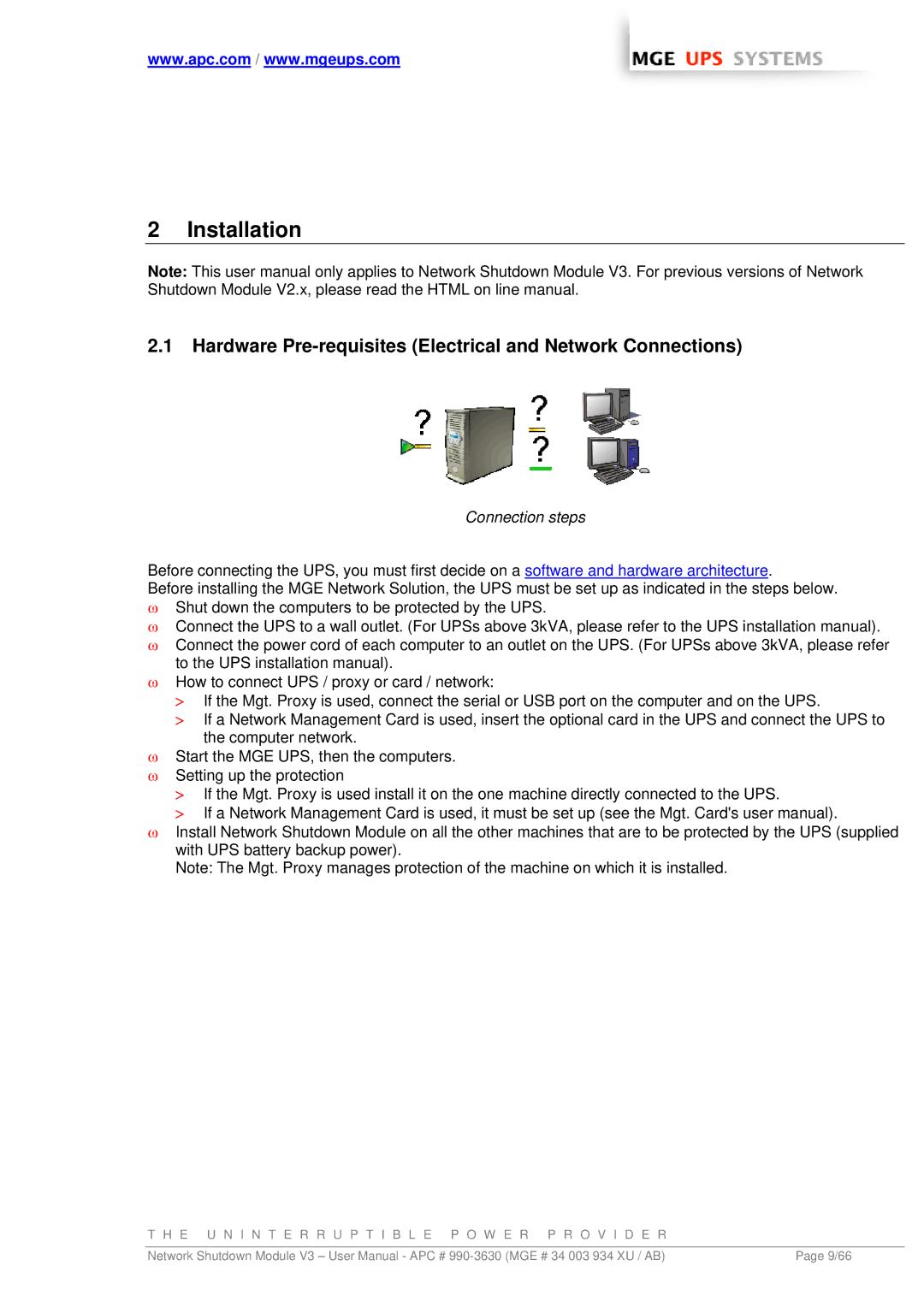 MGE UPS Systems Network Shutdown Module V3 Installation, Hardware Pre-requisites Electrical and Network Connections 