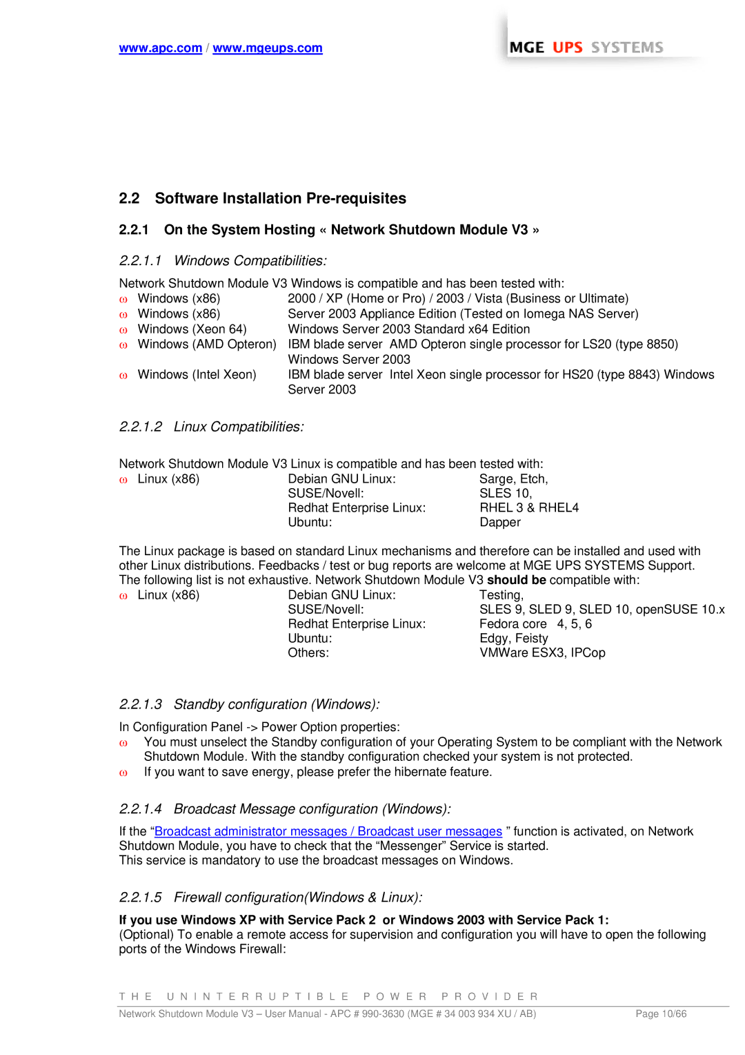 MGE UPS Systems Network Shutdown Module V3 user manual Software Installation Pre-requisites 