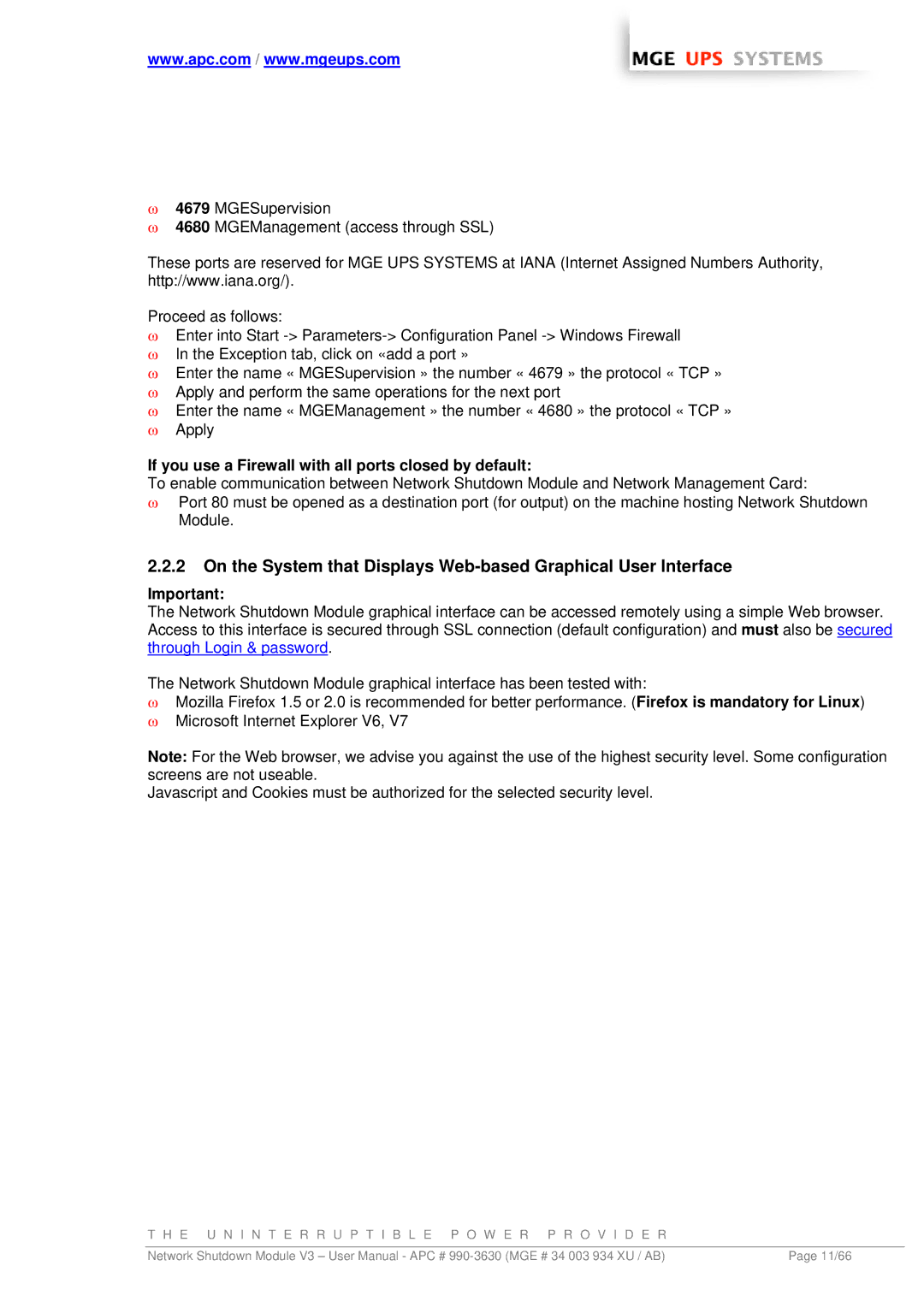 MGE UPS Systems Network Shutdown Module V3 user manual If you use a Firewall with all ports closed by default 