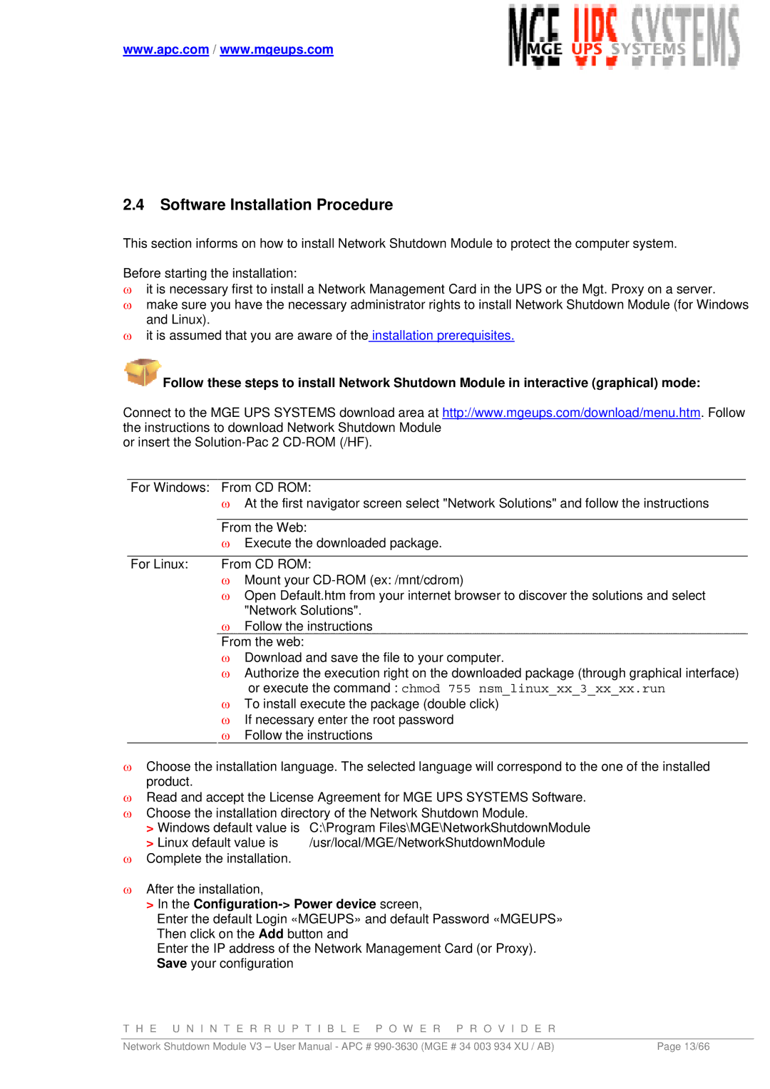 MGE UPS Systems Network Shutdown Module V3 user manual Software Installation Procedure, Configuration- Power device screen 