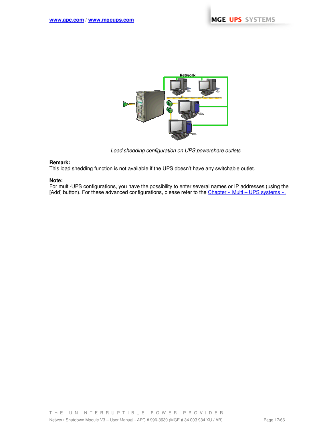 MGE UPS Systems Network Shutdown Module V3 user manual Load shedding configuration on UPS powershare outlets, Remark 