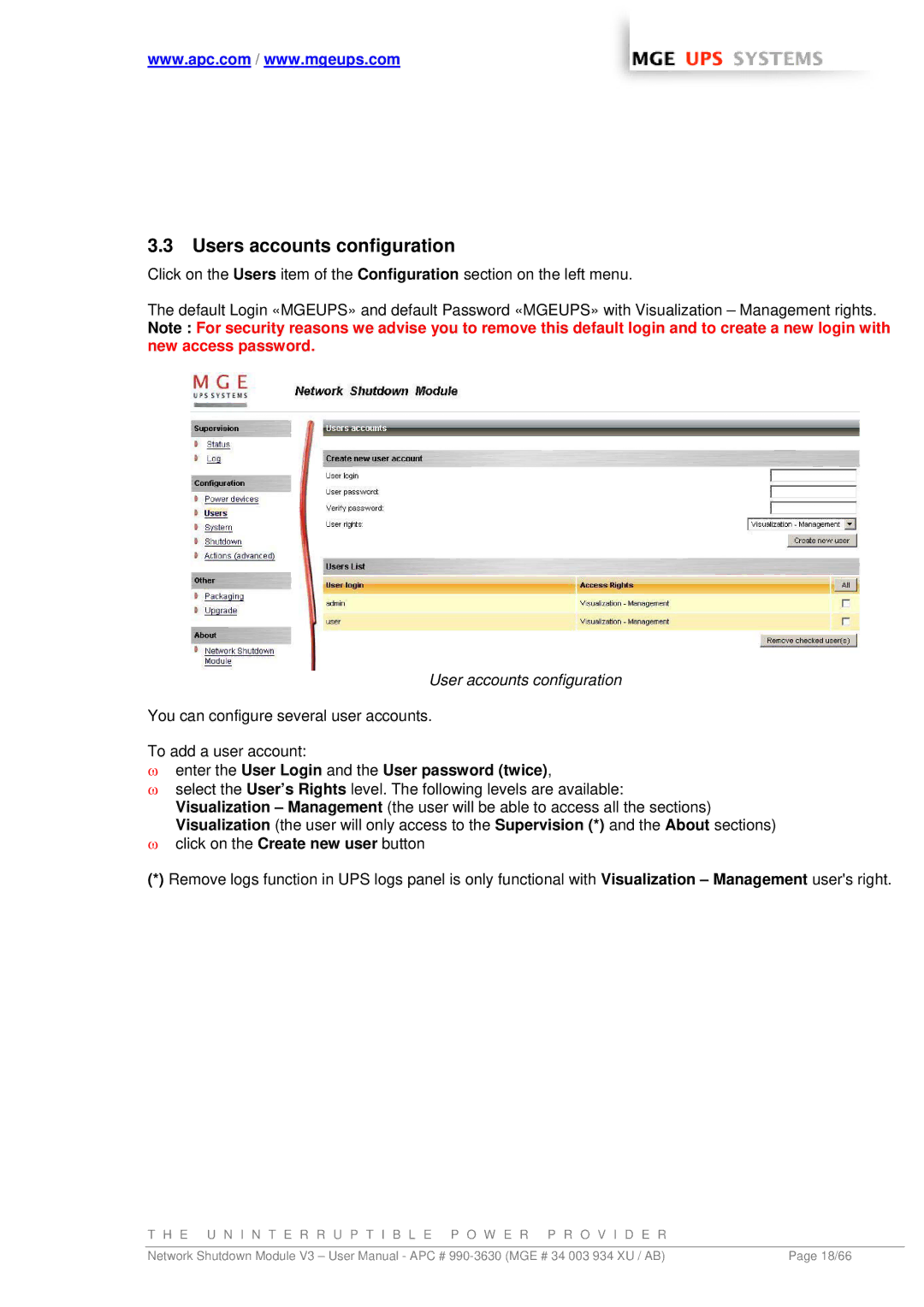 MGE UPS Systems Network Shutdown Module V3 user manual Users accounts configuration, User accounts configuration 