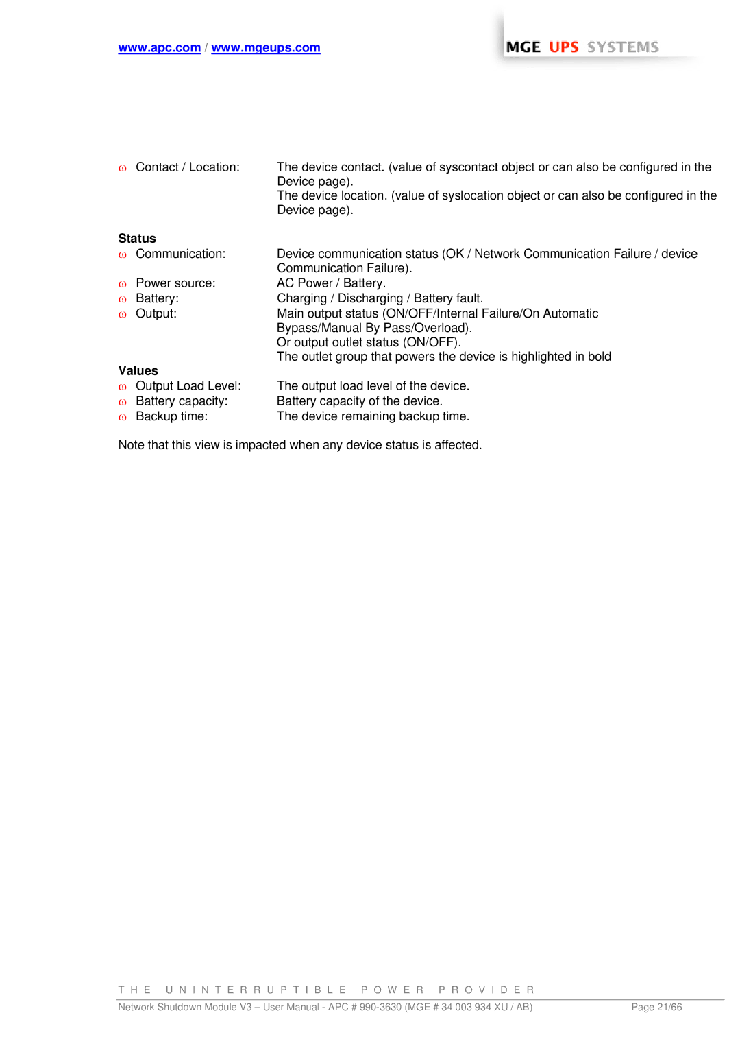 MGE UPS Systems Network Shutdown Module V3 user manual Status, Values 