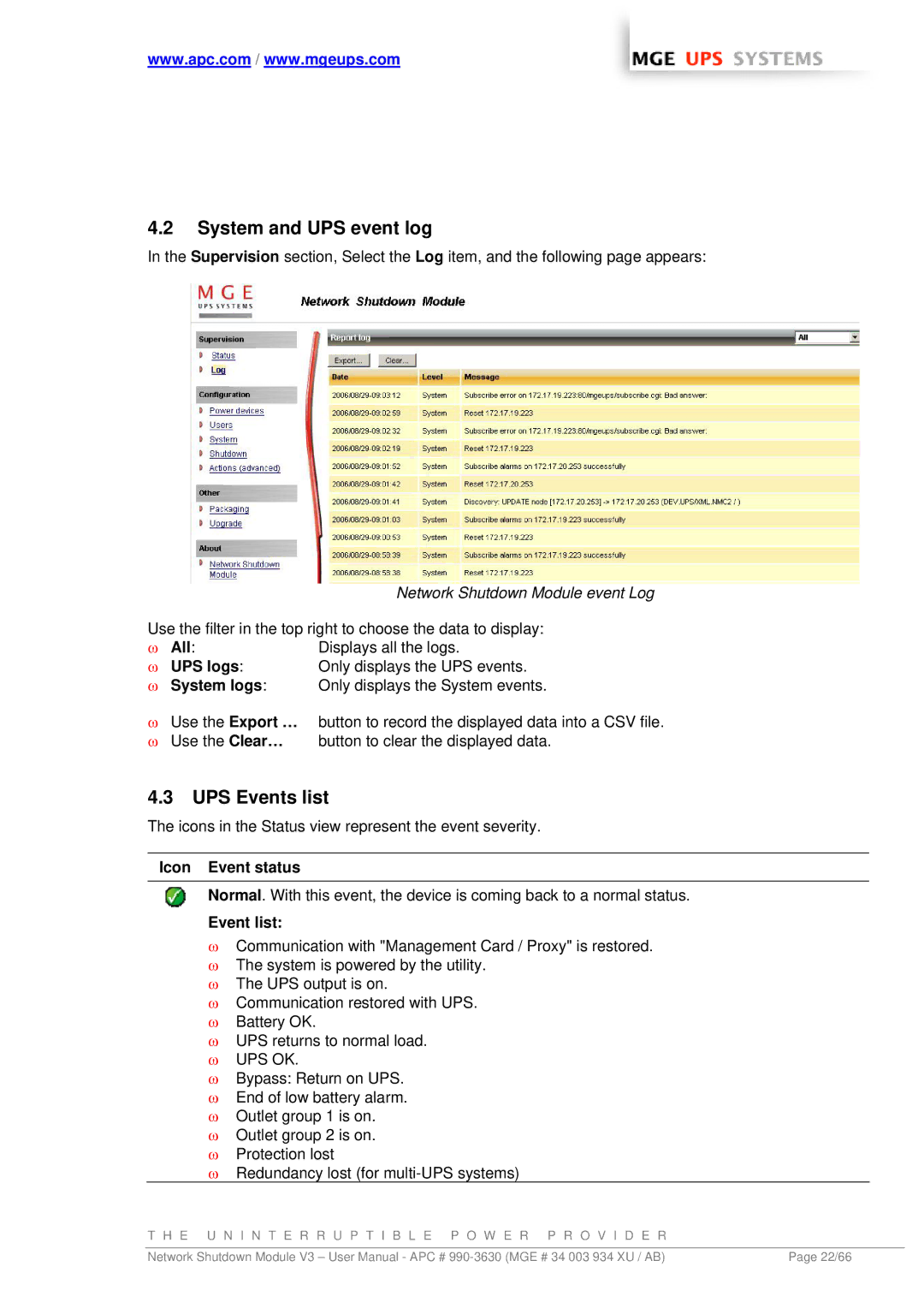 MGE UPS Systems Network Shutdown Module V3 System and UPS event log, UPS Events list, Icon Event status, Event list 