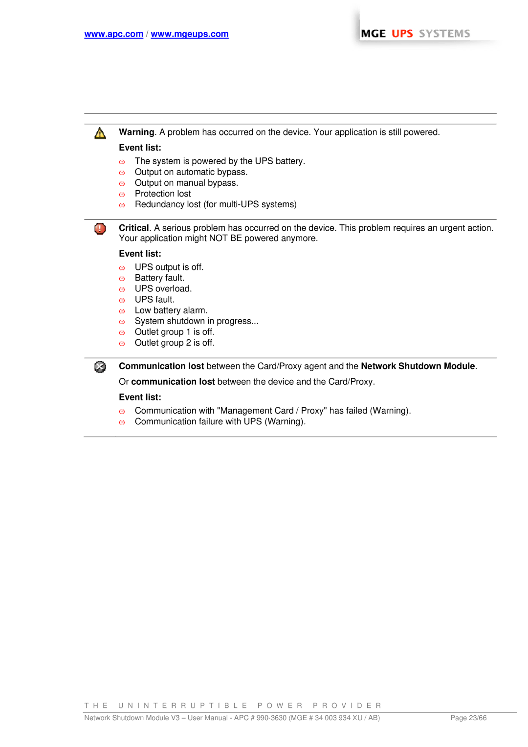 MGE UPS Systems Network Shutdown Module V3 user manual Or communication lost between the device and the Card/Proxy 