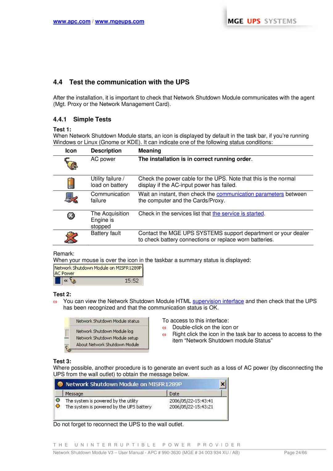 MGE UPS Systems Network Shutdown Module V3 Test the communication with the UPS, Simple Tests, Icon Description Meaning 