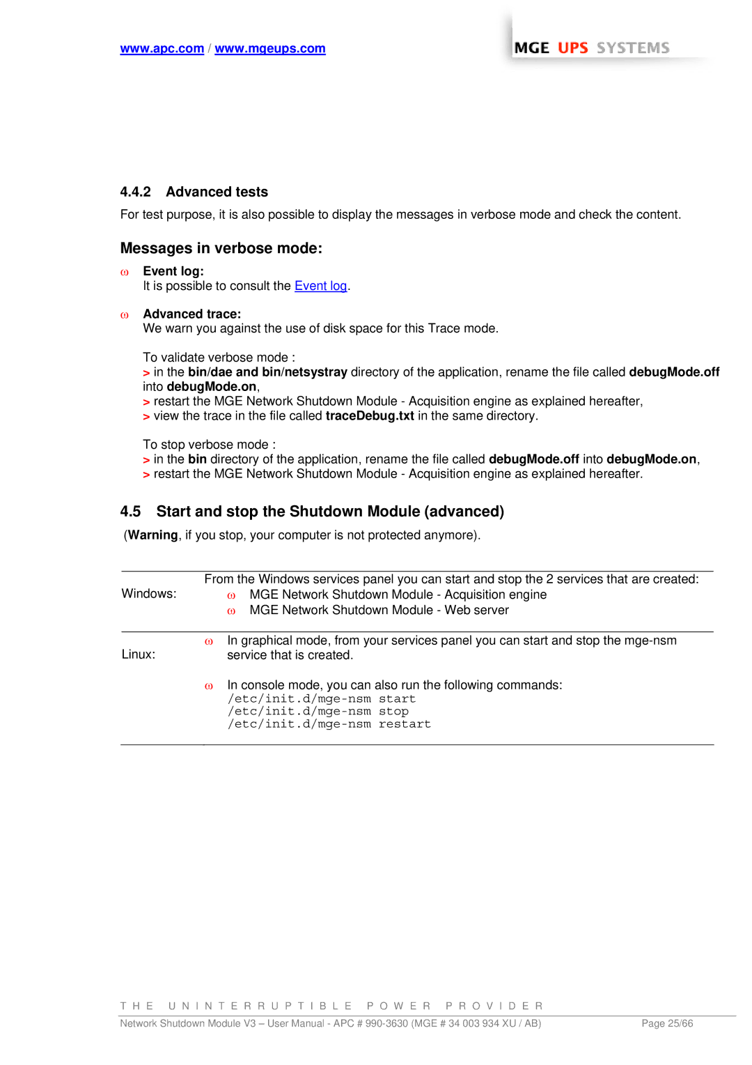 MGE UPS Systems Network Shutdown Module V3 Messages in verbose mode, Start and stop the Shutdown Module advanced 