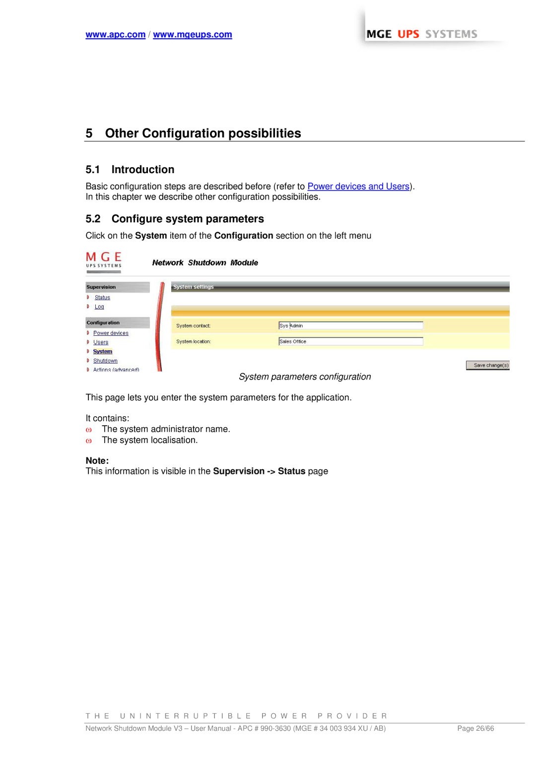 MGE UPS Systems Network Shutdown Module V3 user manual Other Configuration possibilities, Configure system parameters 