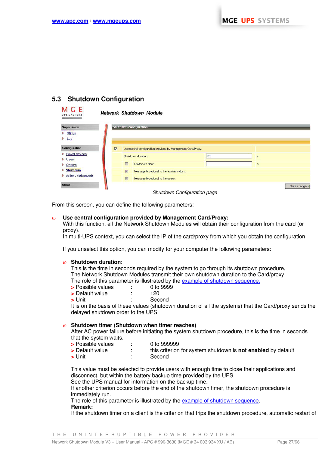 MGE UPS Systems Network Shutdown Module V3 user manual Shutdown Configuration, Shutdown duration 