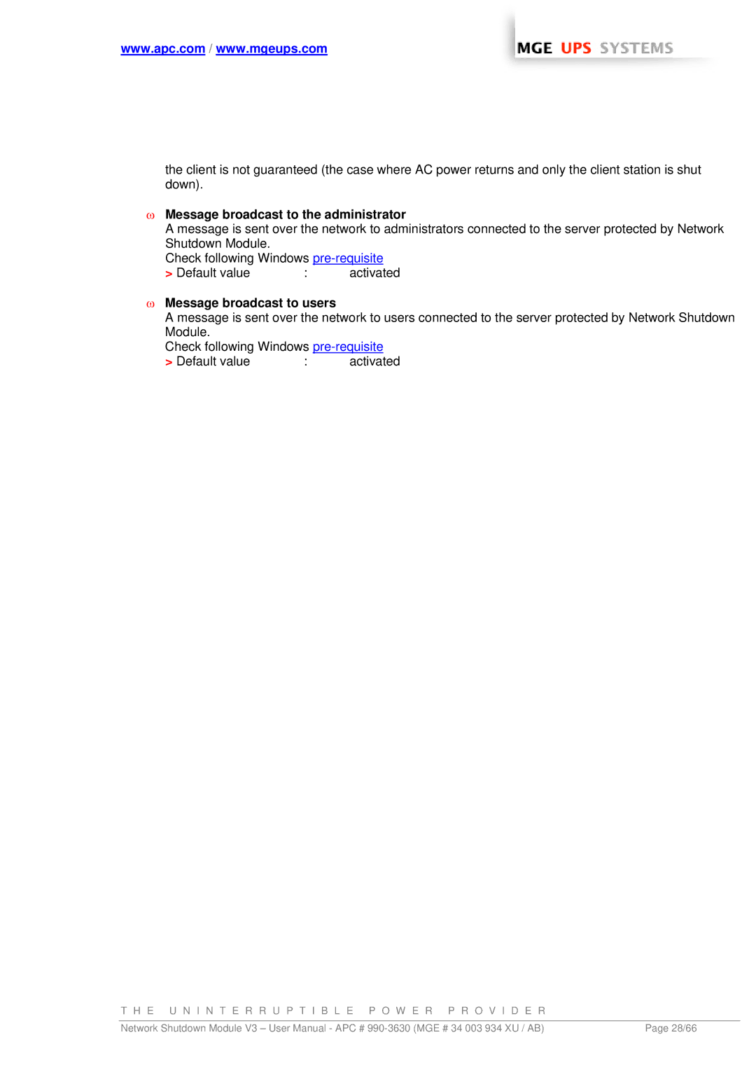 MGE UPS Systems Network Shutdown Module V3 user manual Message broadcast to the administrator, Message broadcast to users 