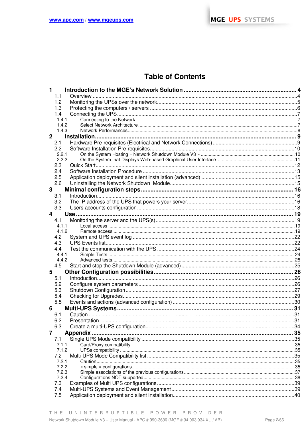 MGE UPS Systems Network Shutdown Module V3 user manual Table of Contents 