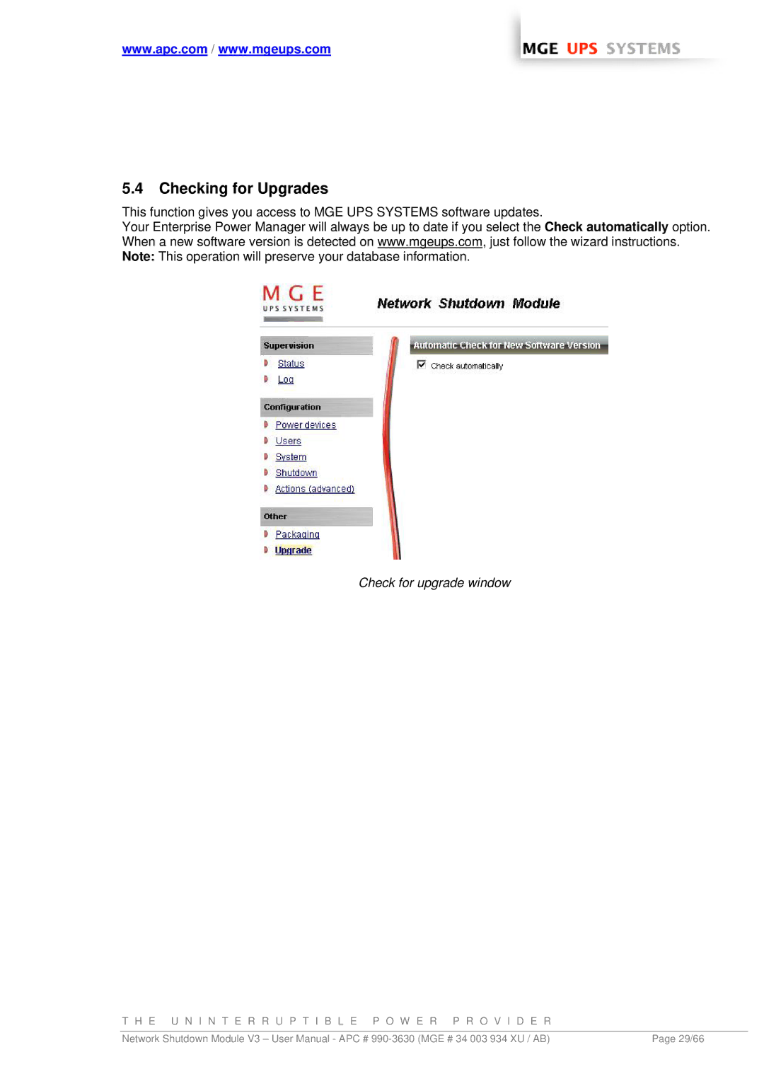 MGE UPS Systems Network Shutdown Module V3 user manual Checking for Upgrades, Check for upgrade window 