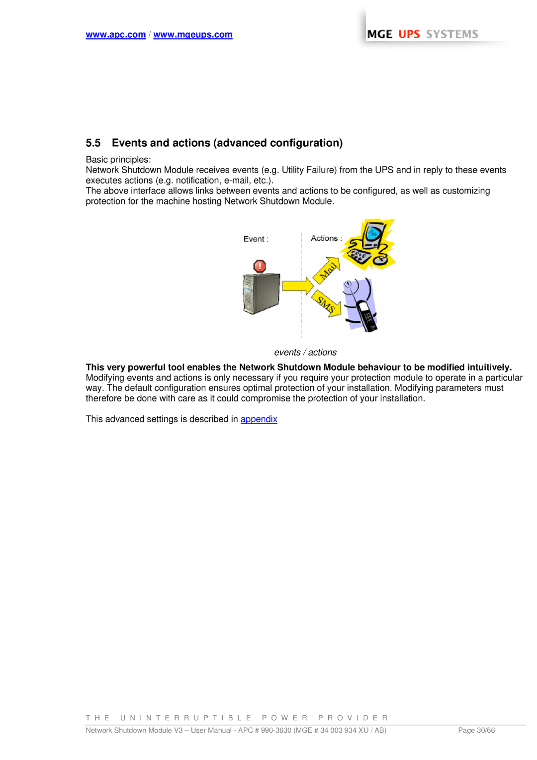 MGE UPS Systems Network Shutdown Module V3 user manual Events and actions advanced configuration, Events / actions 