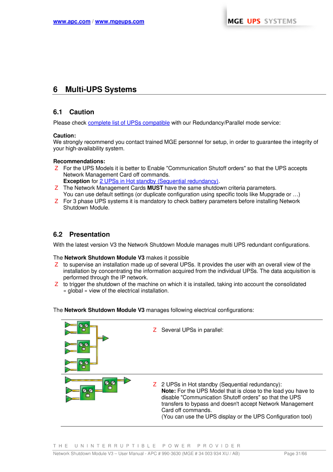 MGE UPS Systems Network Shutdown Module V3 user manual Multi-UPS Systems, Presentation, Recommendations 