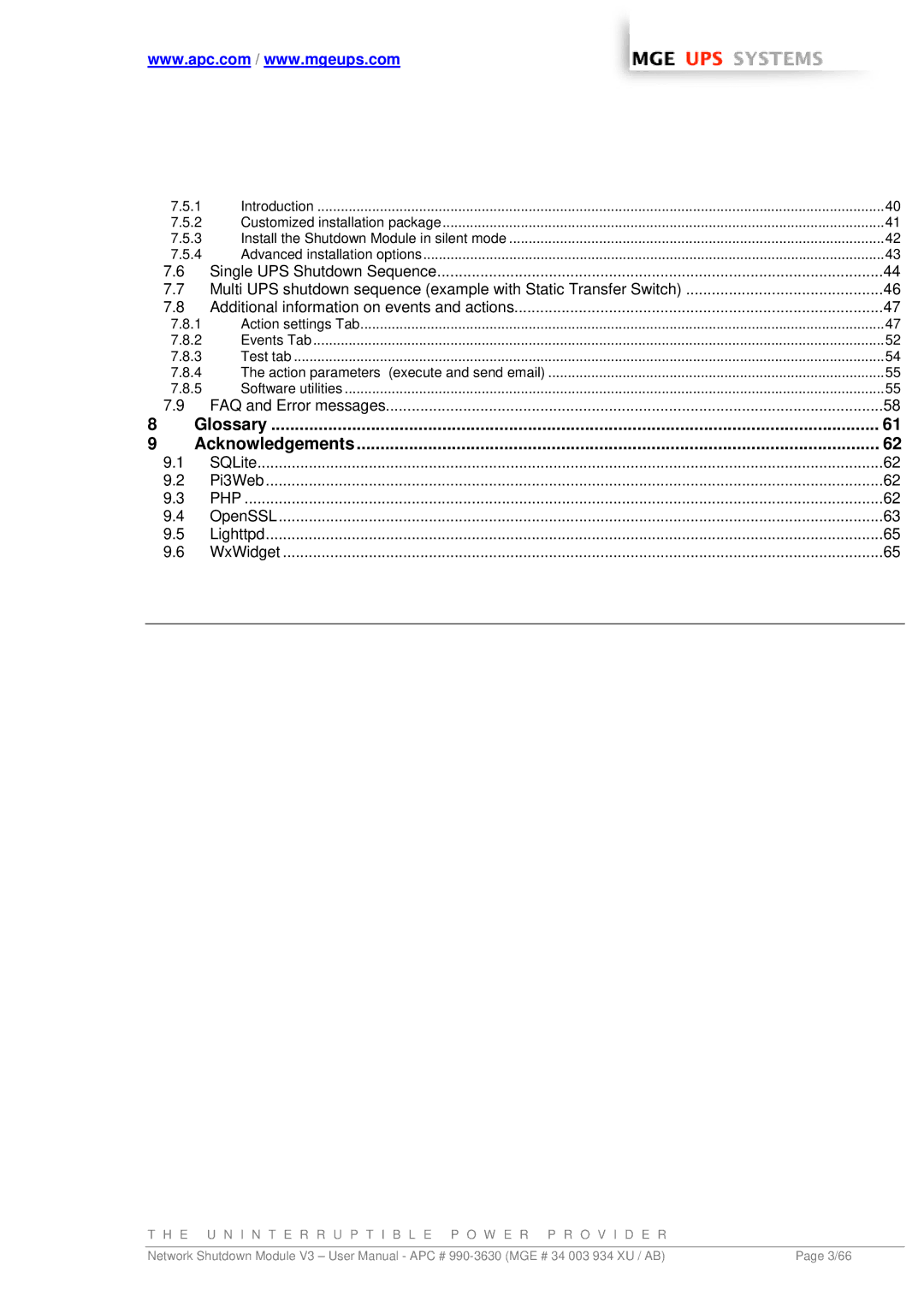 MGE UPS Systems Network Shutdown Module V3 user manual Glossary Acknowledgements 