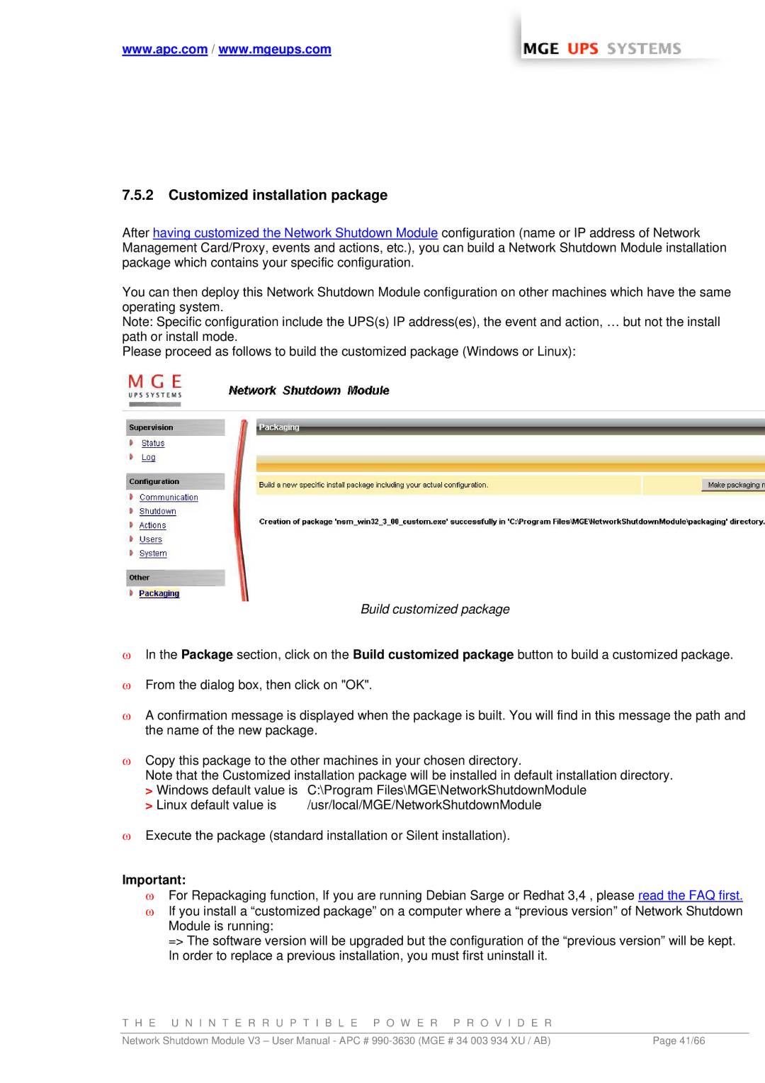 MGE UPS Systems Network Shutdown Module V3 user manual Customized installation package, Build customized package 