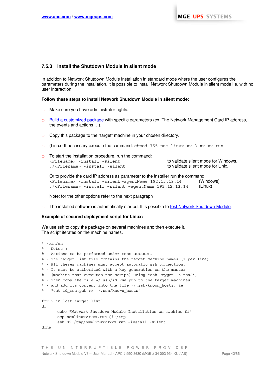 MGE UPS Systems Network Shutdown Module V3 user manual Install the Shutdown Module in silent mode 