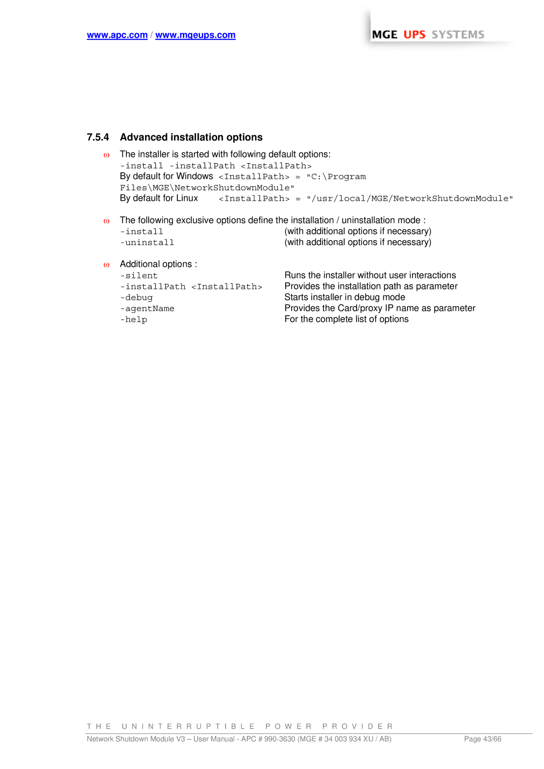 MGE UPS Systems Network Shutdown Module V3 user manual Advanced installation options, Uninstall 