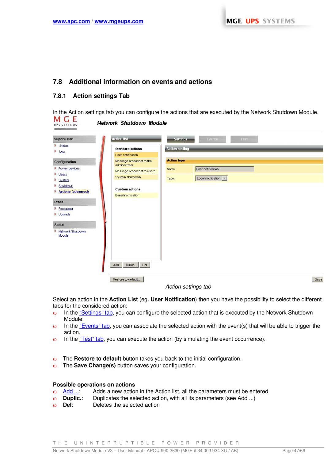 MGE UPS Systems Network Shutdown Module V3 user manual Additional information on events and actions, Action settings Tab 