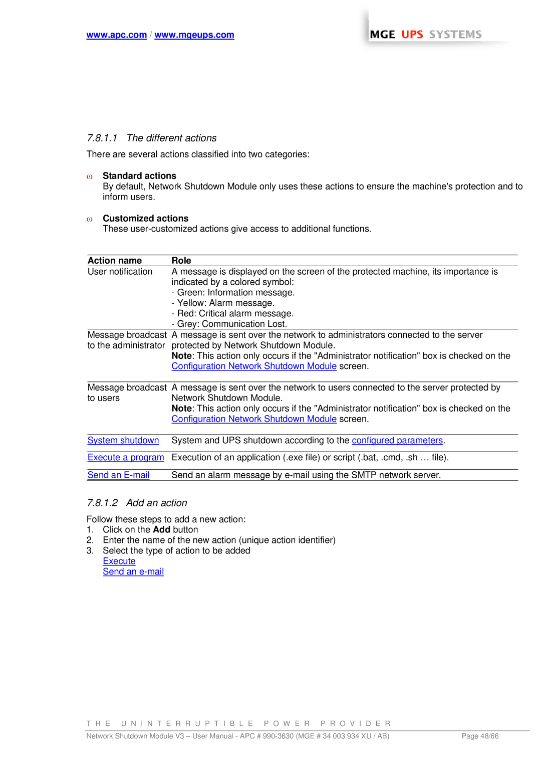 MGE UPS Systems Network Shutdown Module V3 user manual Standard actions, Customized actions, Action name Role 