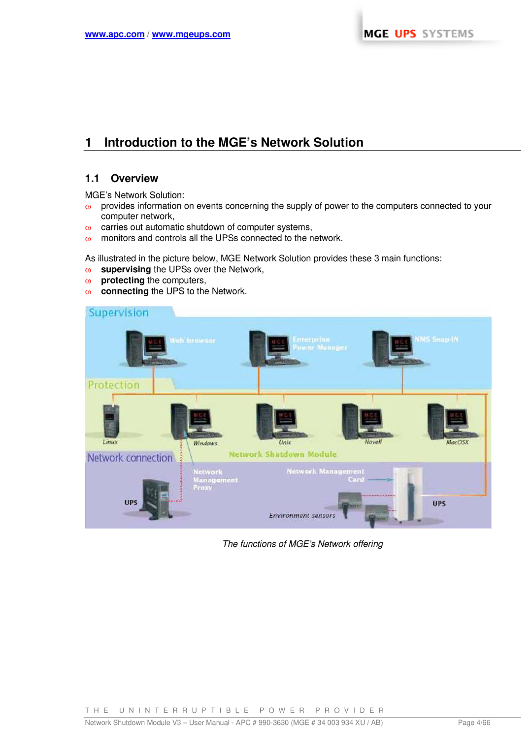 MGE UPS Systems Network Shutdown Module V3 user manual Introduction to the MGE’s Network Solution, Overview 